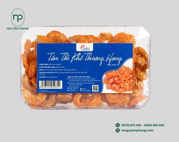 Mẫu tem nhãn tôm khô chứa đầy đủ thông tin cần thiết